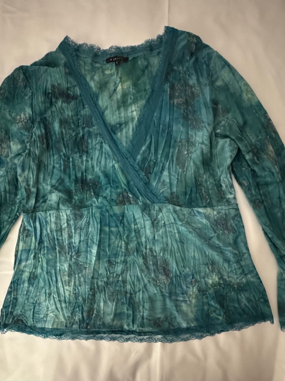 Teal V-Neck Wrap-Style Women's Blouse with Lace Trim